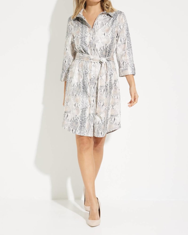Front of a model wearing a size XXL Snake Print Shirt Dress in Vanilla/Tiger'S Eye/Black in Vanilla/Tiger'S Eye/Black by Joseph Ribkoff. | dia_product_style_image_id:339925